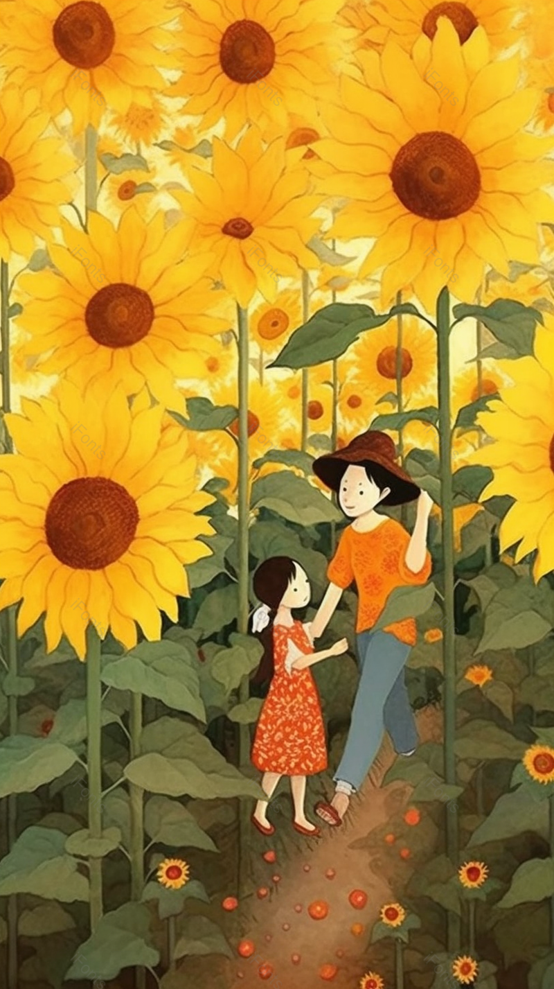 向日葵花田里游玩母女插画背景,插画/手绘图,插画/手绘图库,插画/手绘图下载,插画/手绘